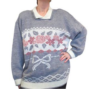 Retro 90s Cottage Core‎ Floral Bow Sweater 1X Oversized Collar Cream Pink